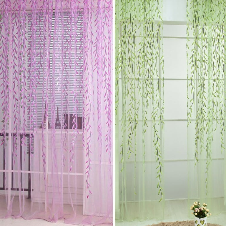 Willow Leaf Sheer Curtains,Vine Patterned Green Sheers Rod Pocket Leaves  Voile Drapes Botanical Window Curtain for Living Room Balcony Sunroom  Closet