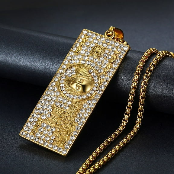 Bling Iced Out 100 Dollar 14K Yellow Gold Pendant Necklace with Rhinestones for Men and Women Hip Hop Rock Rap Trendy Cool Jewelry