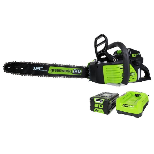 Greenworks 80V 18" Brushless Cordless Chainsaw (Great For Tree Felling, Limbing, Pruning, and Firewood) / 75+ Compatible Tools), 2.0Ah Battery and Rapid Charger Included