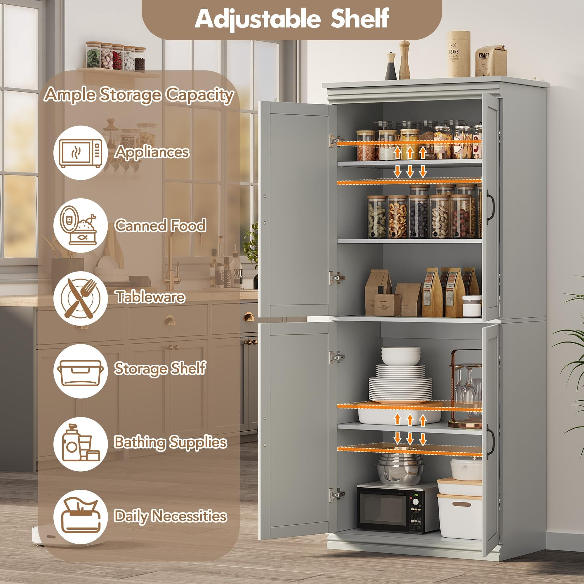 BouPower Pantry Cabinet,70" Tall Kitchen Pantry Cabinet with 2 Doors and 3 Adjustable Shelves, Freestanding Cupboard, Modern Tall Storage Cabinet for Bathroom, Dining Room, Living Room