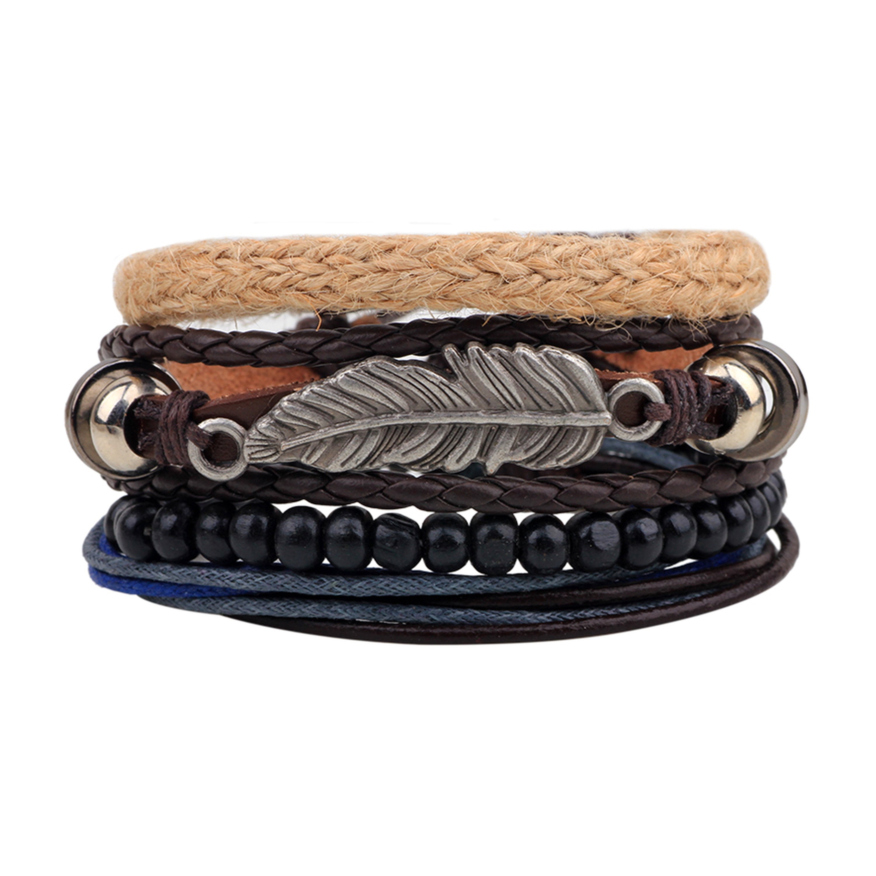 Unisex Tribal Wood Beads and Metal Leaf Leather Wristband Bracelet For ...