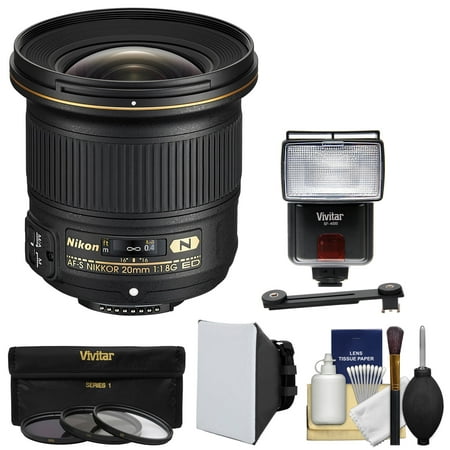 Nikon 20mm f/1.8G AF-S ED Nikkor Lens with Flash + 3 Filters + Softbox + Diffuser Kit for D3200, D3300, D5300, D5500, D7100, D7200, D750, D810
