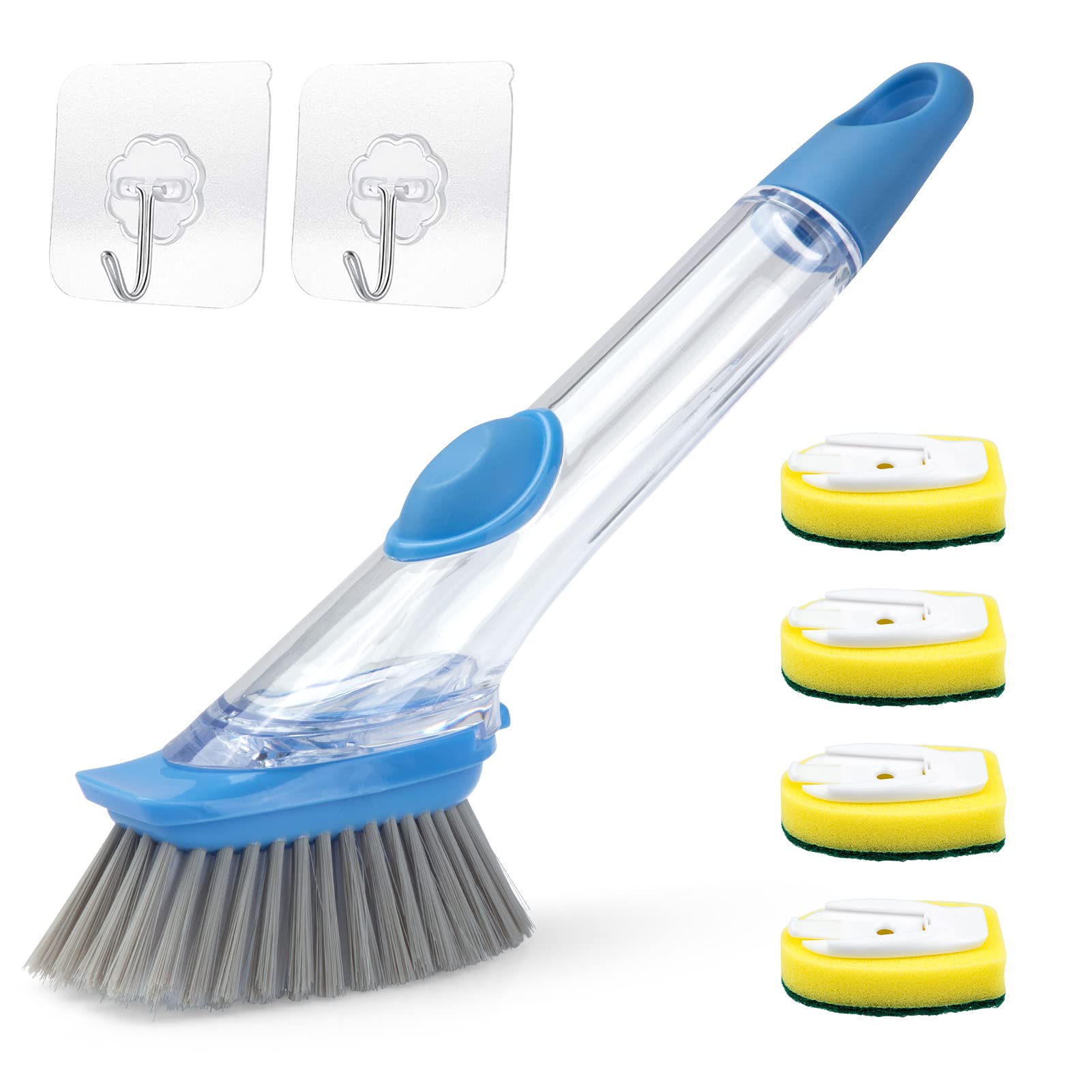 Oyang Soap Dispensing Dish Brush Set, Scrub Brush with 4 Sponge Replacement Heads and 2 Adhesive