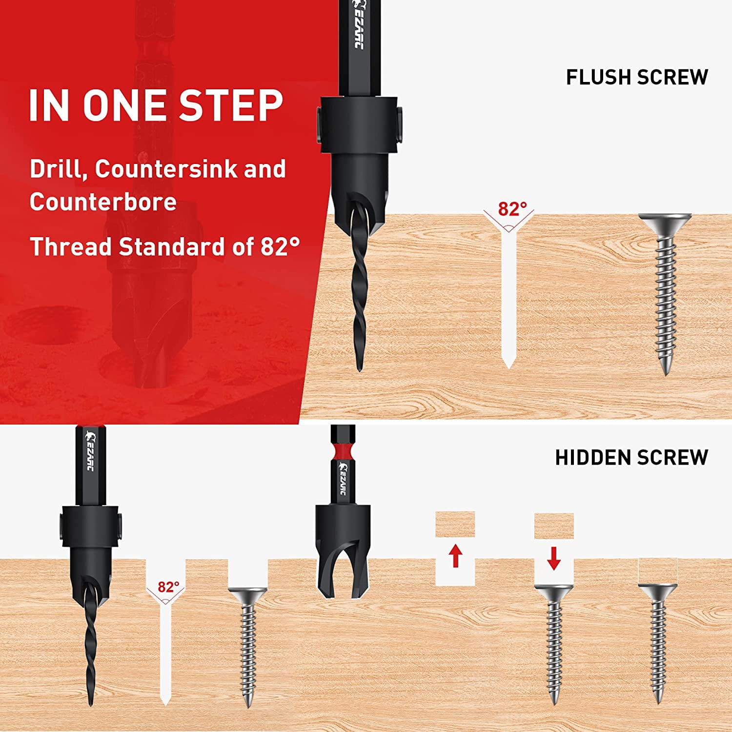 EZARC Wood Countersink Drill Bit Set, 4, 6, 8, 10, 12 Tapered Drill Bits, with 1/4" Hex Shank, Counter Sinker Set for Woodworking and Carpentry