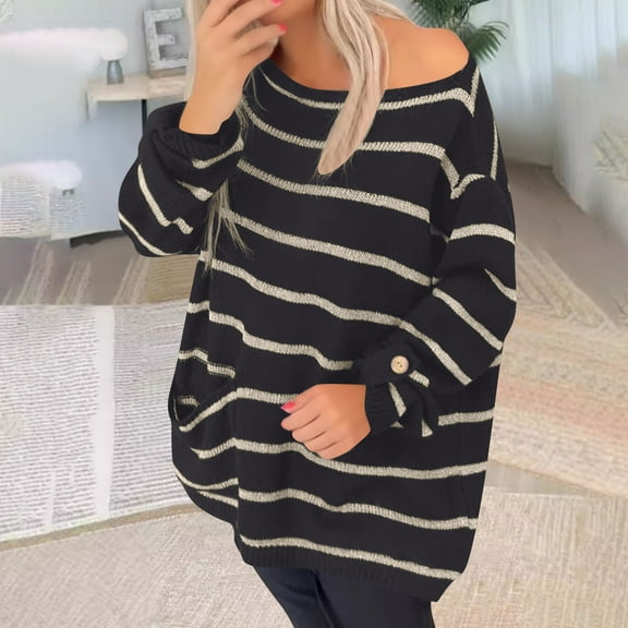 Qetyuw Women's Striped Long Sleeve Sweaters Casual Boat Neck Chunky Pullover Sweater Crochet Knit Loose Fit Jumpers