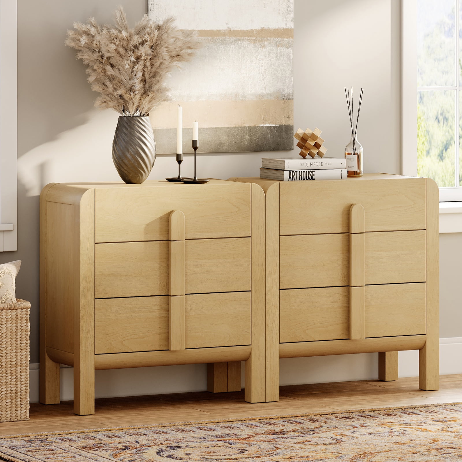 3 Drawer Curved Dresser for Bedroom Set of 2, Mid Century Modern Chest of Drawers, Wood Storage Dresser Organizer for Bedroom Living Room Hallway Closet