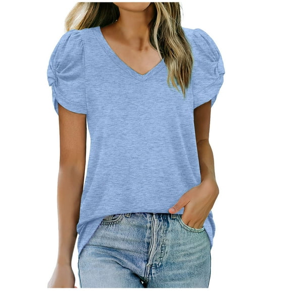 Bigersell Women Tunic Tops Women Loose Casual Short Sleeve V-Neck Solid Casual Blouse T-shirt Tunic Tops Plus Muscle Scoop Neck Short Sleeve Tops Style B27951, Light Blue XL