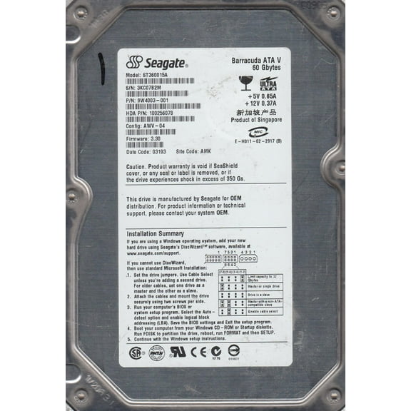 ST360015A, 3KC, AMK, PN 9W4003-001, FW 3.30, Seagate 60GB IDE 3.5 Hard Drive