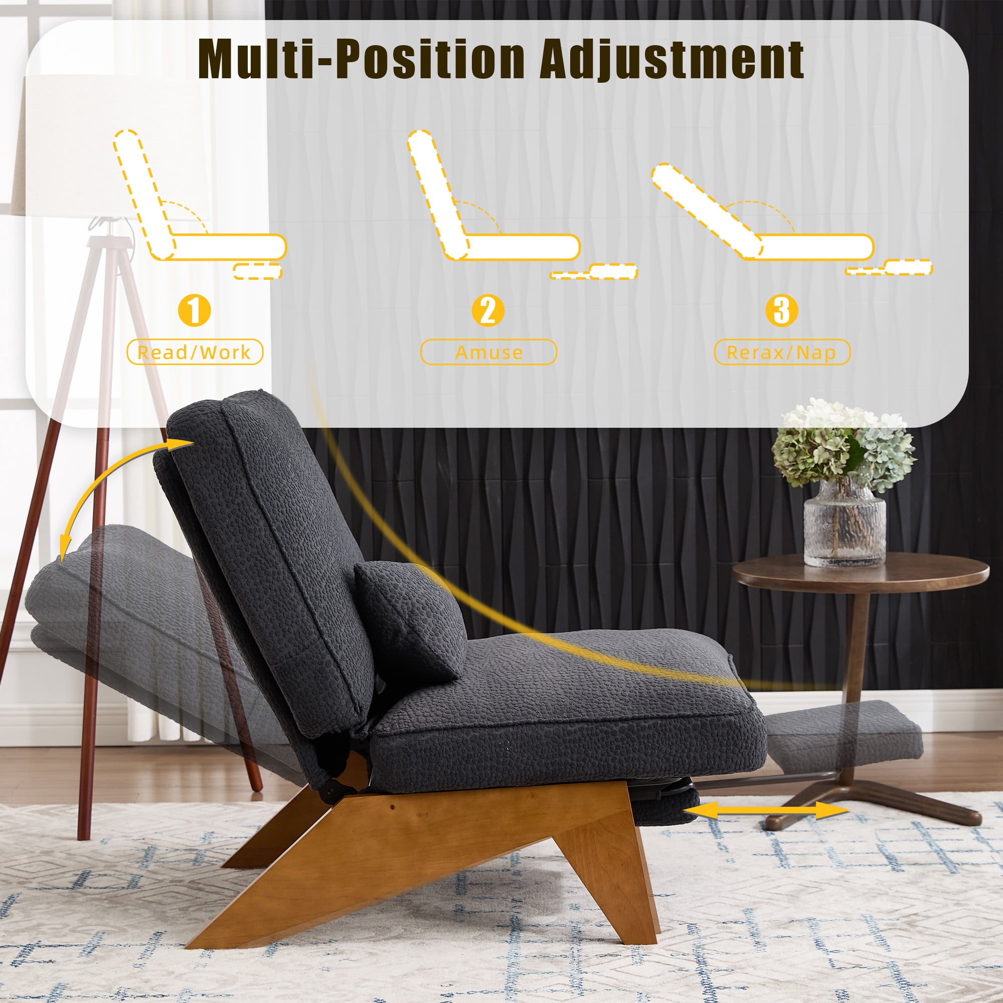 Homefun Modern Adjustable Lounge Chair with Footrest,Wooden Base Upholstered Recliner for Reading Rest Circle Fleece