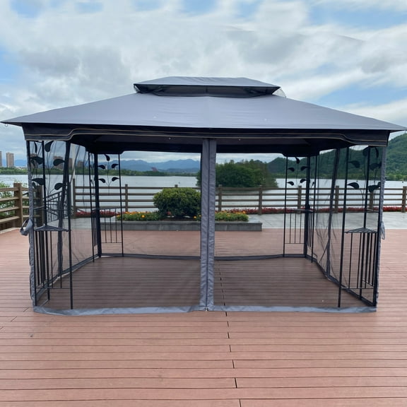 13x10FT Hard-Top Gazebo Double Roof Canopy Outdoor with Netting and Mosquito net, Steel Frame Polyester Double Roof Hardtop Garden Tent for Patio, Backyard, Deck and Lawns, Gray