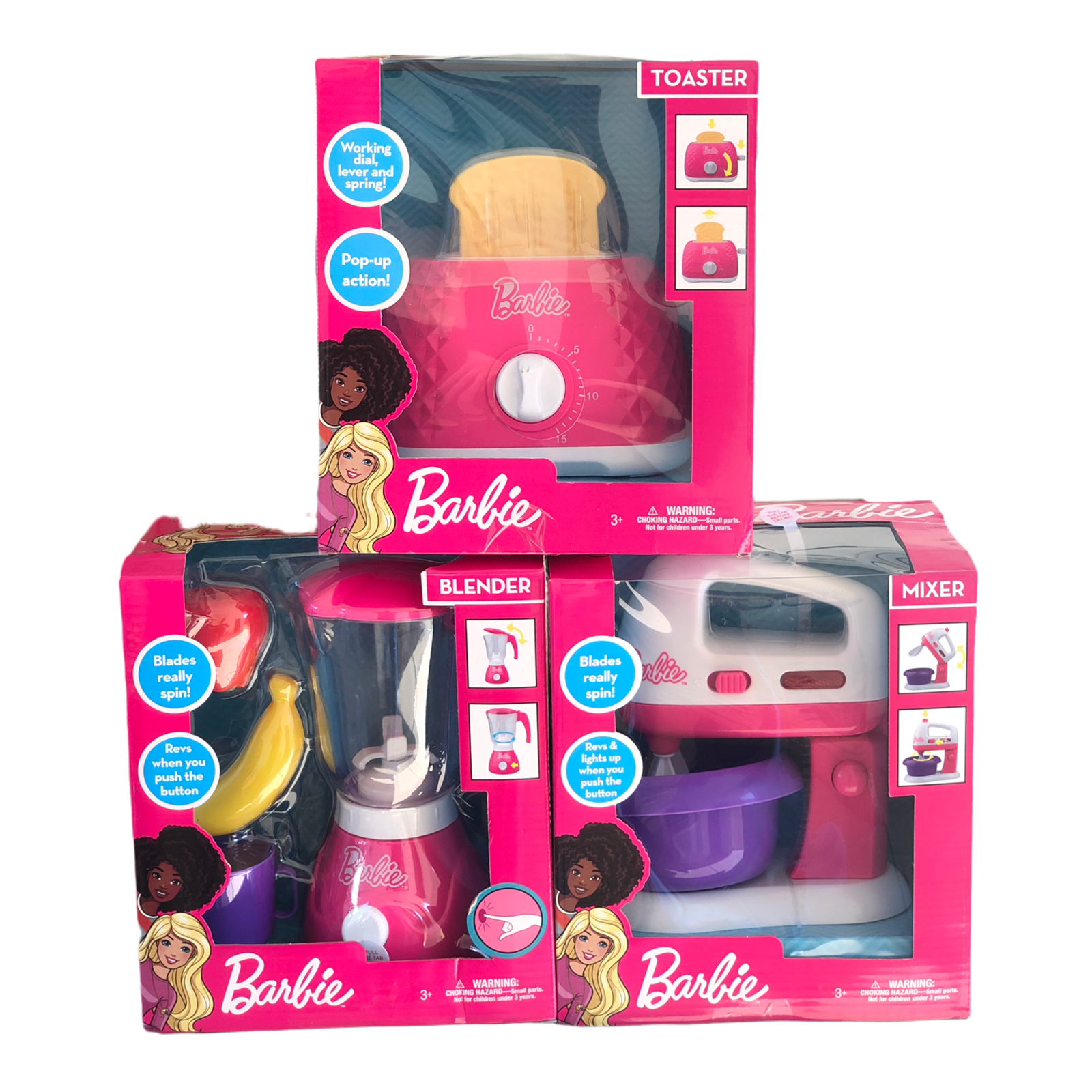 Barbie 3 Piece Toy Kitchen Appliances Mixer Toaster Blender Pretend Play Bundle 