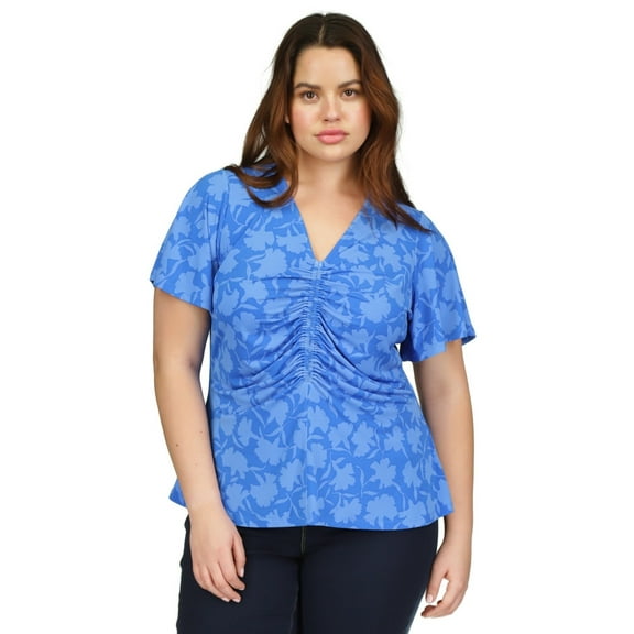 Michael Kors Plus Size Ruched Flutter-Sleeve Top – Grecian Blue, 0X