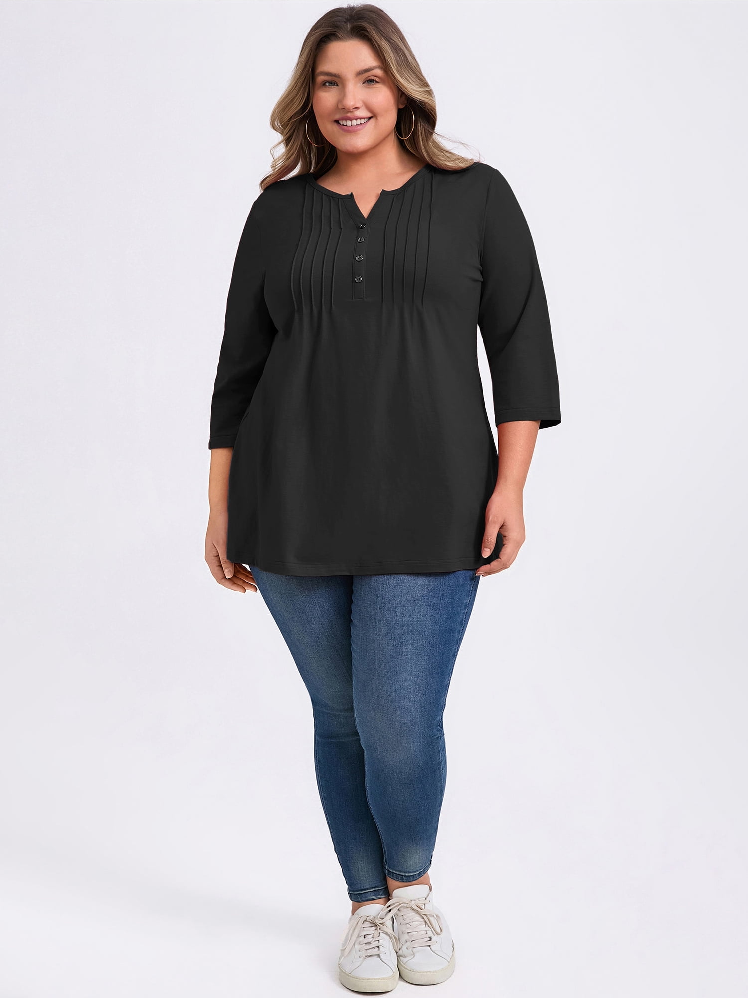 Women's Plus Notched Neck 3/4 Sleeve Front Pleated Button Decor Blouses Dressy Casual 2X Black