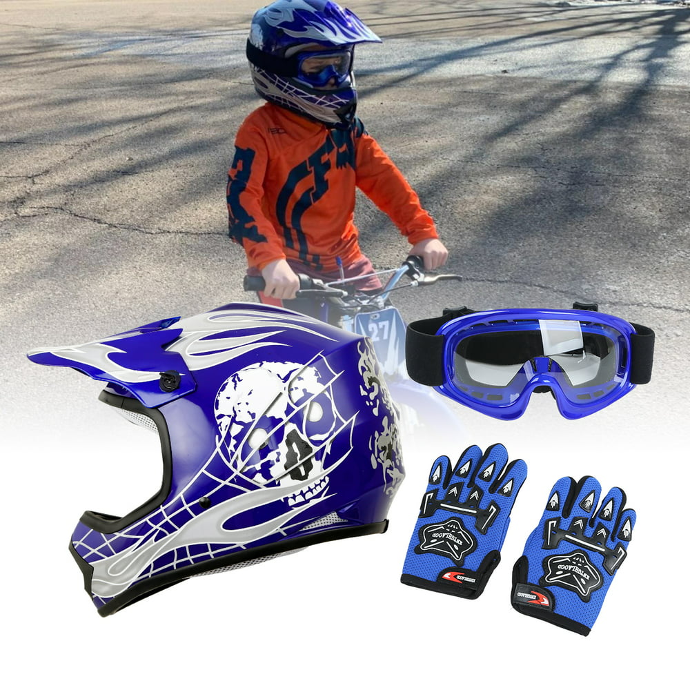 TCMT Helmet for Kids Blue Flame Skull with Goggles & Gloves DOT Youth