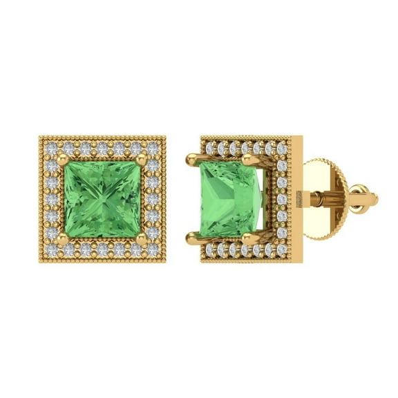 2.24 ct Screw-Back Stud Earrings for Women | 5.5mm Princess Cut Simulated Green Diamond | 18K Yellow Gold