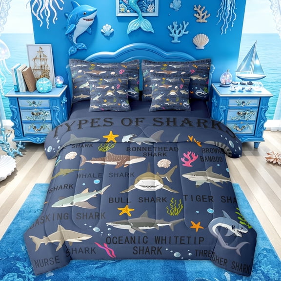 Feelyou Dark Shark Ocean Twin Bedding Sets for Boys Girls Kids, Sea Coral Marine Wildlife Bedding Comforter Set, Navy, Blue Reversible, 7pcs
