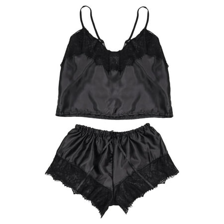 

RedmL 2 Pcs/Set Women Nightie Set V Neck Spaghetti Strap Lace Sleeveless Pajamas Set for Bedroom