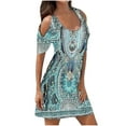 thumbnail image 1 of Leutsin Robe d'Été Décontractée pour Femme Grande Taille à Manches Mi-Longues, Col en U, Épaules Dénudées, Imprimée, Courte Mini, Coupe Droite, 1 of 6