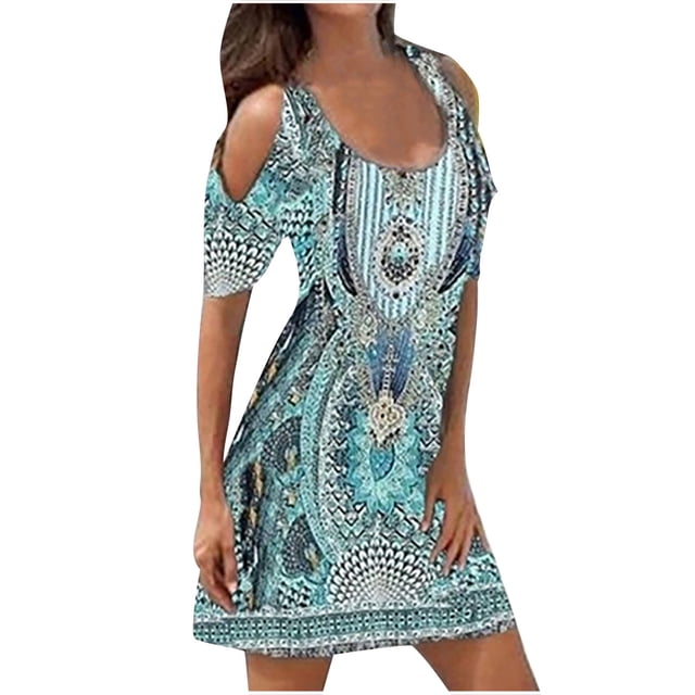 Leutsin Robe d'Été Décontractée pour Femme Grande Taille à Manches Mi-Longues, Col en U, Épaules Dénudées, Imprimée, Courte Mini, Coupe Droite