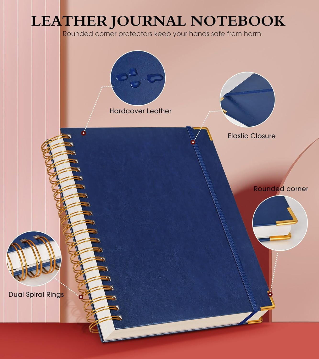 5.75"×8.38" A5 Leather Hardcover Spiral Notebook, 300 Pages, 100GSM College Ruled Journal for School & Work, Navy