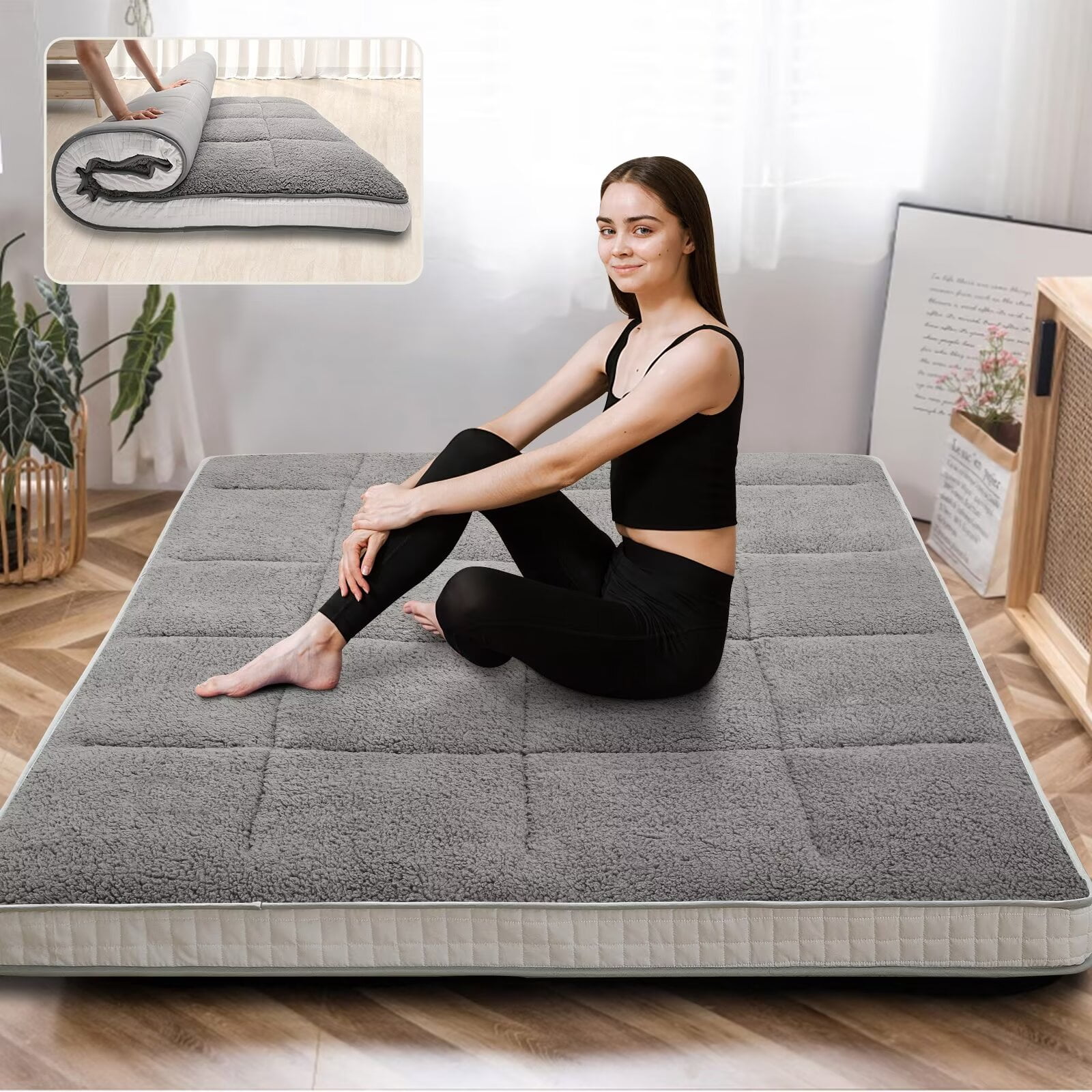 MOPHOTO Upgraded Extra Thick Floor Mattress with Storage Bag,Japanese Futon Mattress,Folding Sleeping Padded Futon Mattress Portable Camping Mattress,Gray,Full