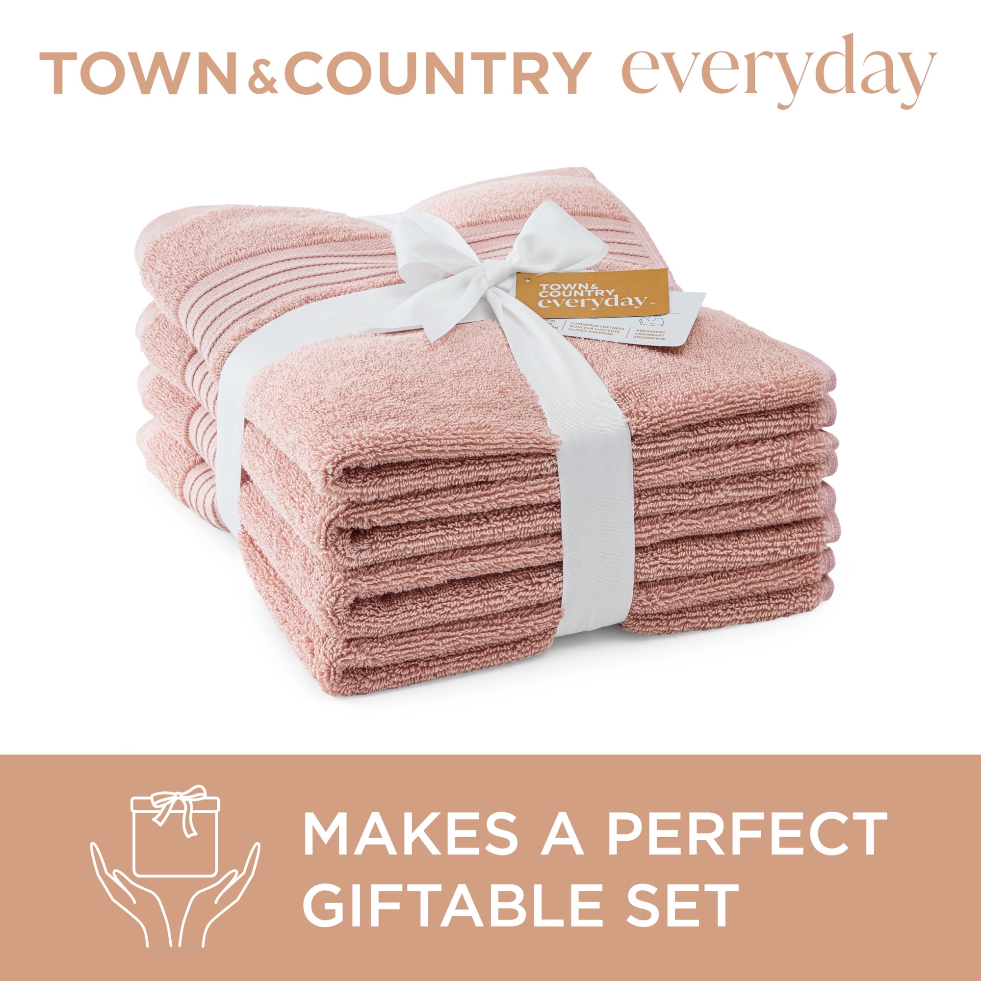 TOWN & COUNTRY EVERYDAY 4-Piece Solid Dobby Border Hand Towel Set, 20"x30", 100% Cotton, Plush & Absorbent 650GSM, Blush