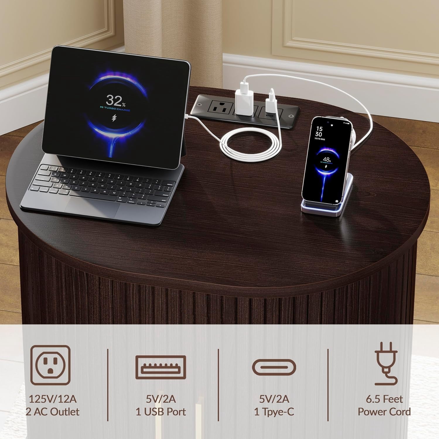 Nightstand with Charging Station, Fluted Accent Side Table with Sliding Door & Adjustable Shelf, End Table for Small Space, Living Room, Bedroom,Sofa Couch, Dark Walnut