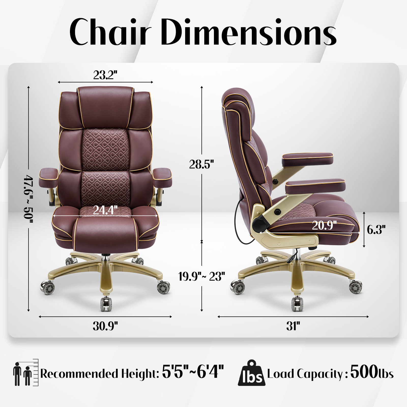 Falvinoryn Big and Tall Office Chair 500LBS, Ergonomic High Back Executive Office Chair, Adjustable Lumbar Support, Flip Arms, Locking Wheels Large Computer Desk Chair, Brown
