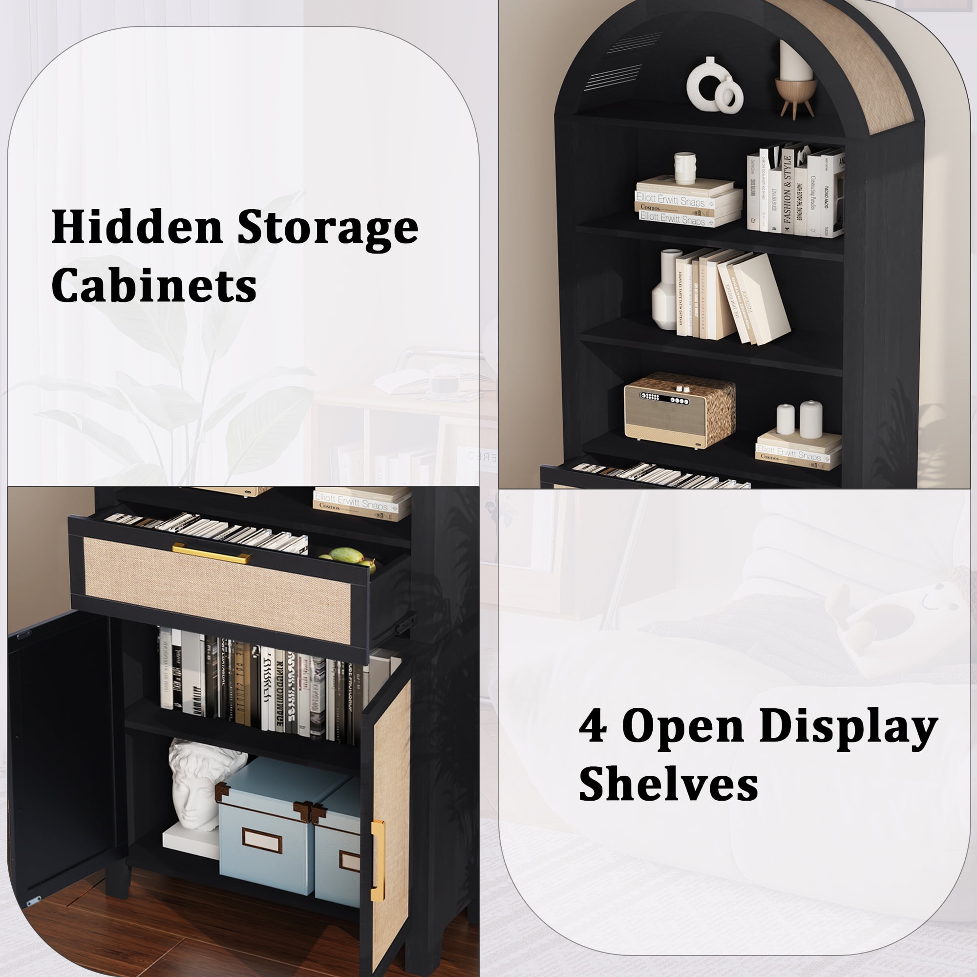 LEFHDA 2PCS 78" Tall Bookshelf, Arched Bookcase with Drawers, Mid-Century Modern 6-Tier Bookshelf with Storage, Rattan Open Display Storage Shelf Bookshelf for Living Room Bedroom & Classroom(Black)