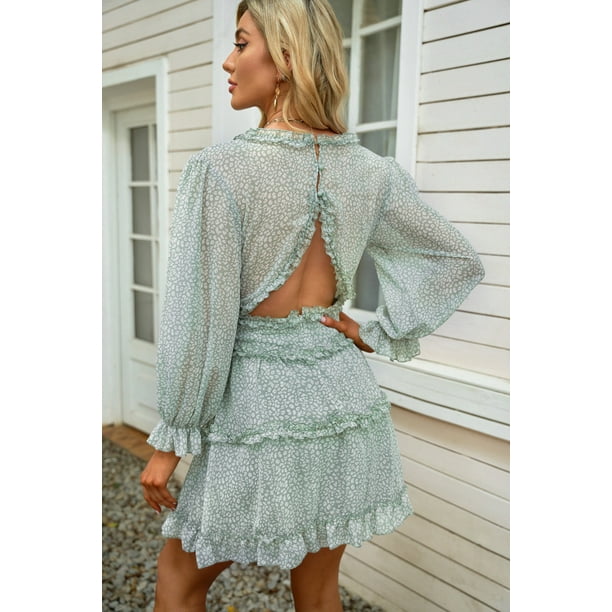 ABPHQTO Vestido floral con espalda abierta y detalles de volantes verdes para mujer