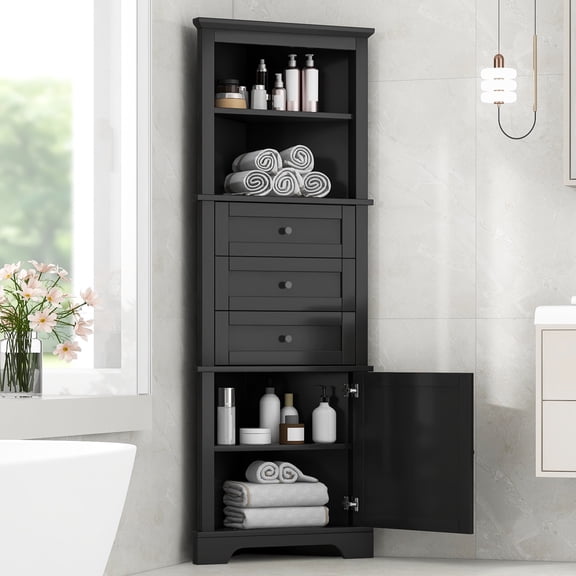 Black Triangle Tall Cabinet with 3 Drawers and Adjustable Shelves for Bathroom, Kitchen or Living Room, MDF Board with Painted Finish (Black)