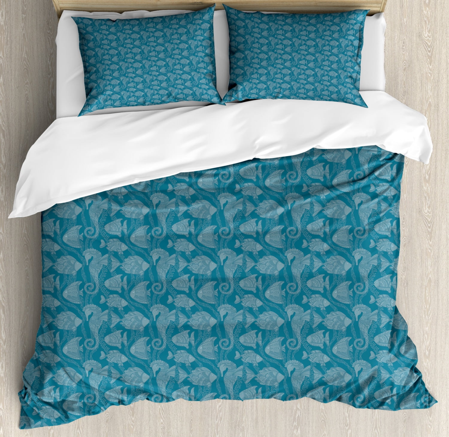 Fish Bedspread Fish Duvet Cover Set King Size, Artistic Underwater Fauna Sketch Design ...