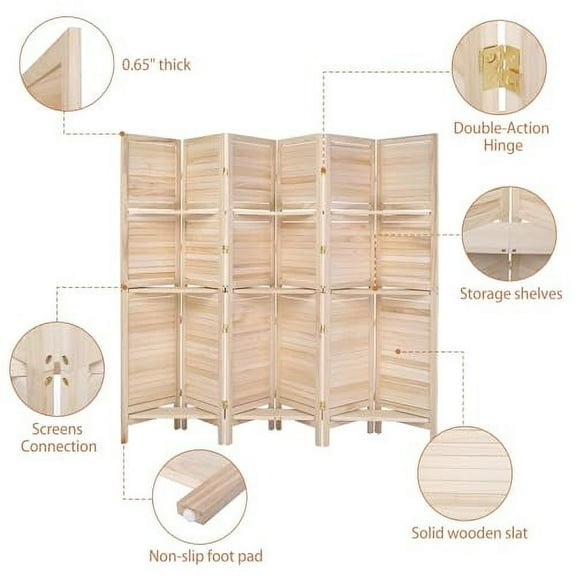 Bonnlo 6 Panels Wood Room Divider with Shelves, 6 FT Height Folding Privacy Screens, Indoor Freestanding Room Partition Wall Divider, Hinged Space Separator (Natural, 6 Panel)