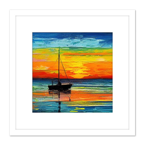 Sea Boat in Sunset Seascape Vibrant Multicoloured Oil Painting Square Wooden Framed Wall Art Print Picture 8X8 Inch