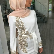 Aellinatey Women Muslim Dubai Abaya Long Sleeve Maxi Dress Floral Lace Beading Hijab Kaftan
