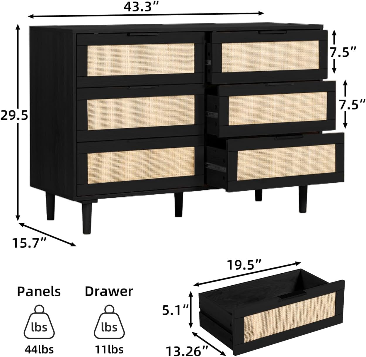 LAZZO 6-Drawer Rattan Dresser, Modern Chest of Drawers, Wooden Storage Organizer for Bedroom, Living Room & Hallway, Black