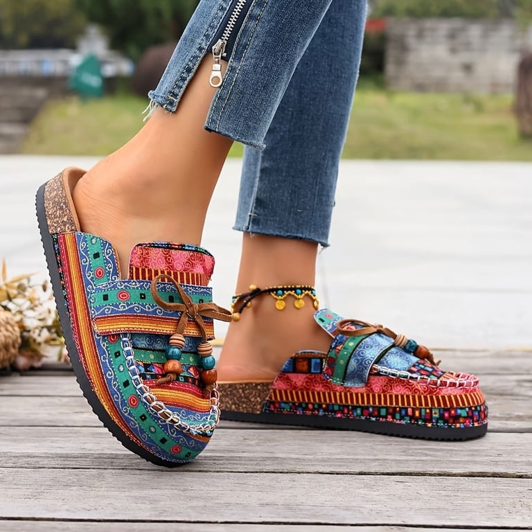ladies dress shoes with wide toe box Women's Ethnic Mules Bow Beaded Backless Slip On Platform Cork Footbed Walking Slides Blue Size 7.5 ivory strapless lace mini dress