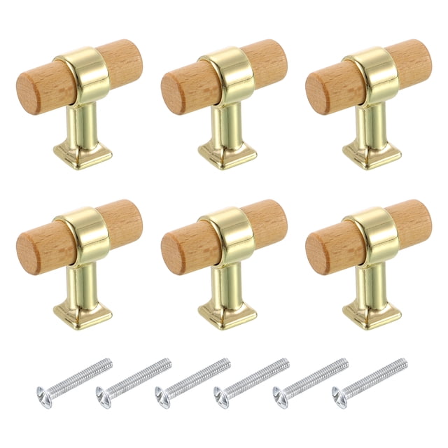 Uxcell 6 Pcs T Bar Tiradores de Cajón de Madera con Agujero Único y Tornillos, Madera/Dorado
