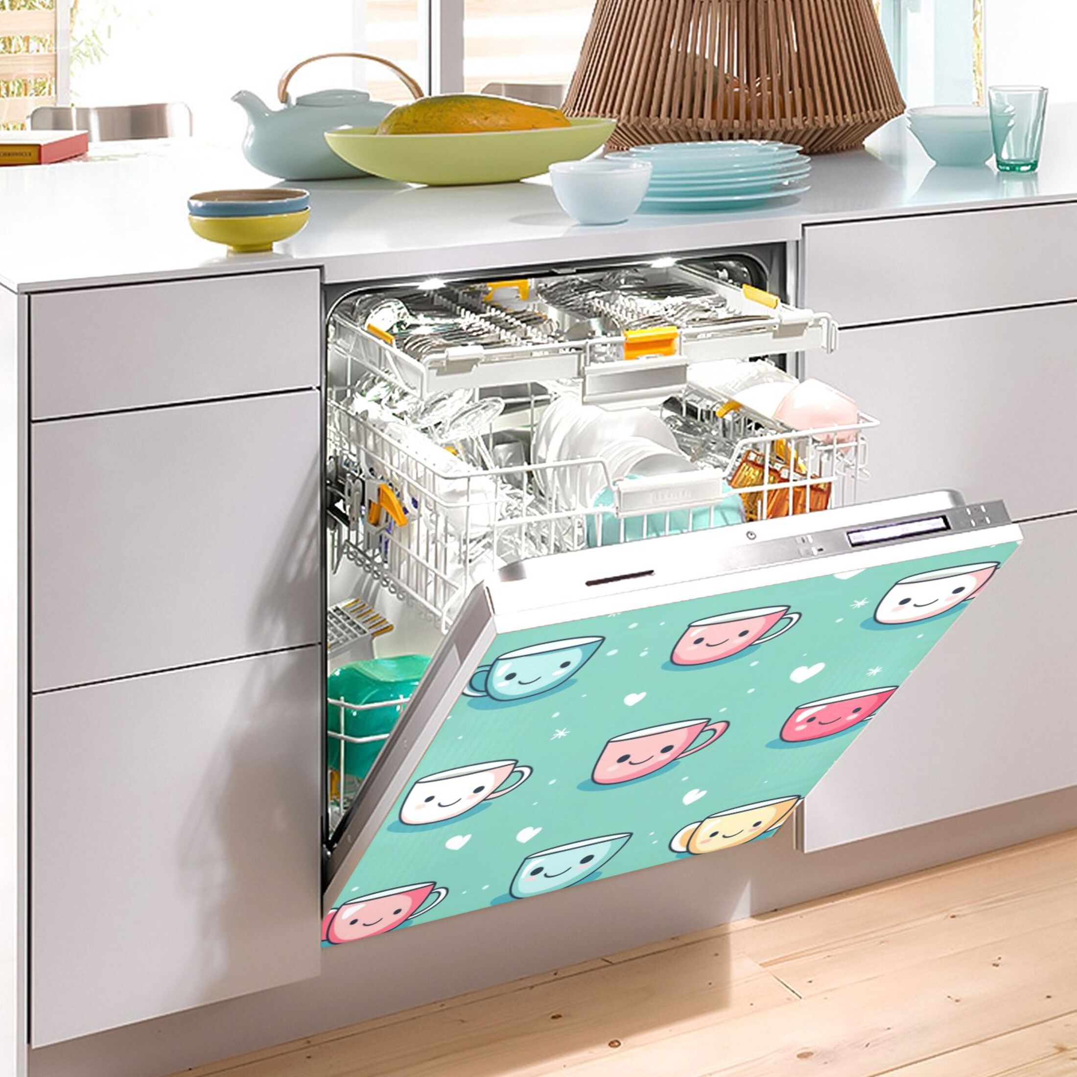 Dishwasher Magnetic Sticker 23x26 Inch Refrigerator Magnetic Sticker Washing Machine Magnetic Sticker Kitchen Panel Magnetic Sticker Home Decor Colorful Cute Cartoon Teacups