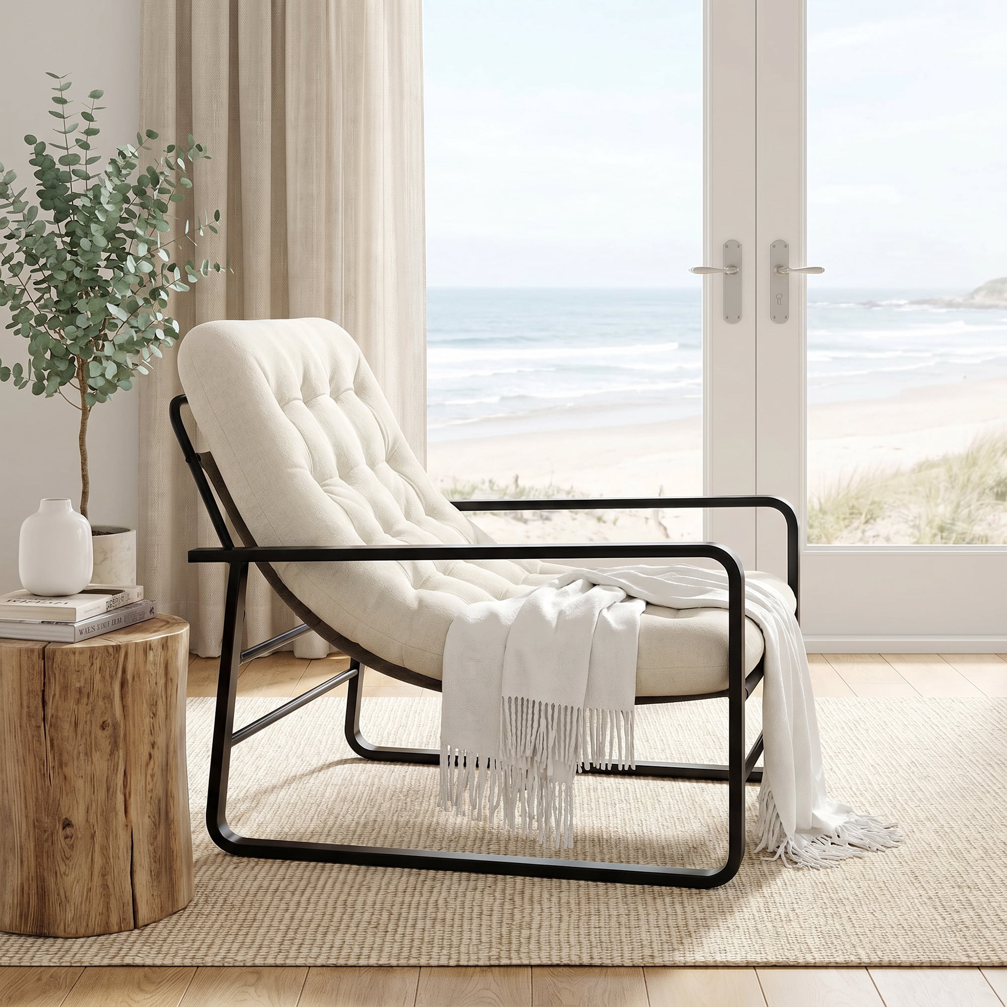 MAYEERTY 41.7" Beige Boucle Metal Frame Accent Chair, 350LBS High Density Sponge Lounge Chair for Living Bedroom Balcony