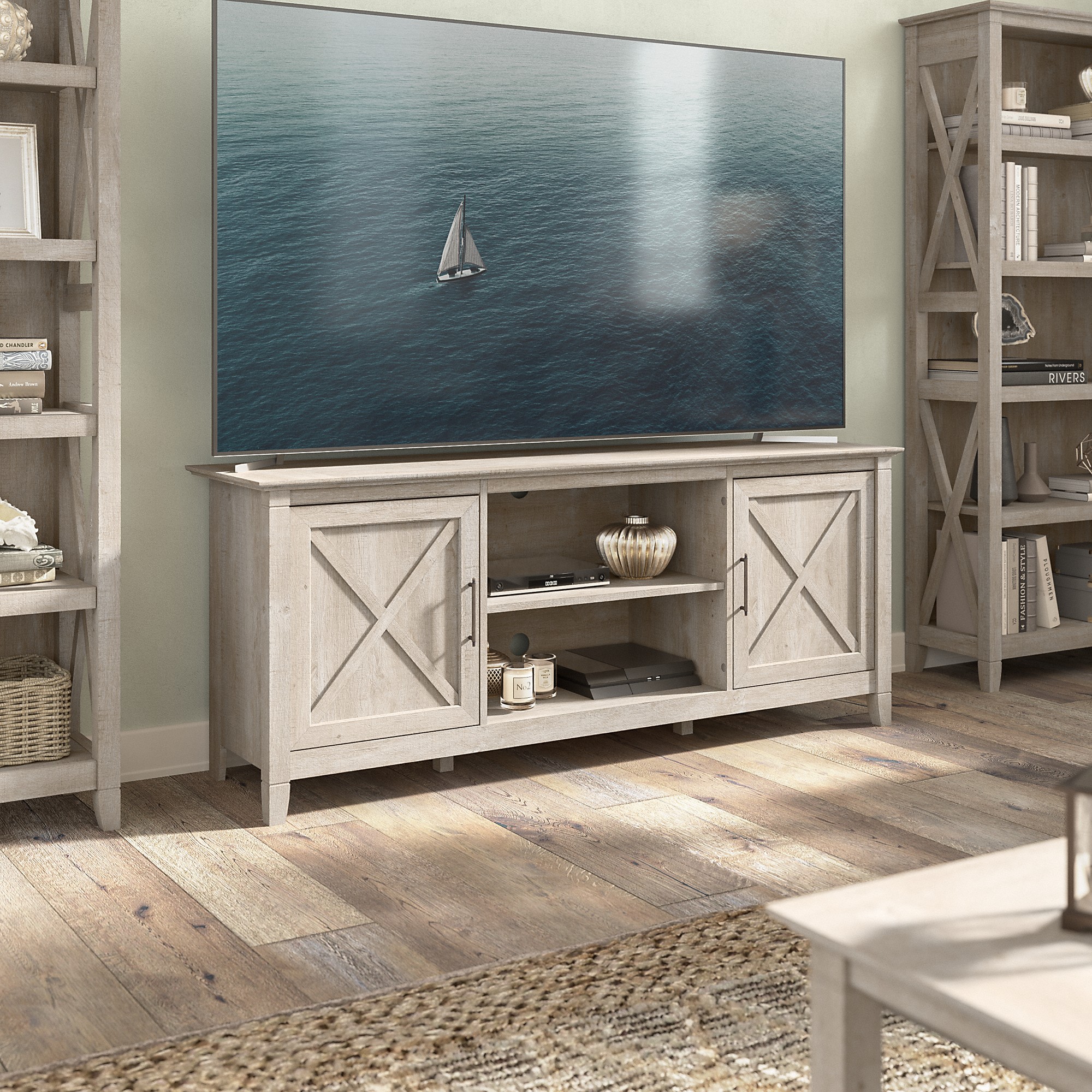 Bush Furniture Key West TV Stand for 70 Inch TV in Washed Gray