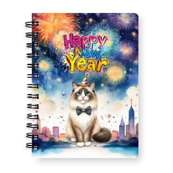 Happy New Year with Ragdoll Fireworks Holiday Xmas Winter 2025 Spiral Bound Journal Cat Lover Kitten Owner Gifts Idea 5x7in Spiral Notebook - 00025