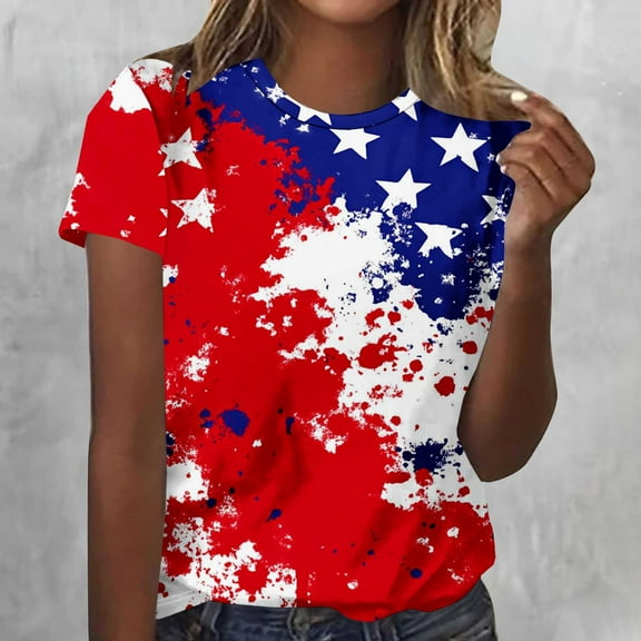 Cavosen 4th of July T Shirts Women Petite Red White and Blue Short Sleeve Crewneck T Shirts USA Star Striped Graphic Tops Lady XL Patriotic Casual T Shirts Independence Day Tunic Tees