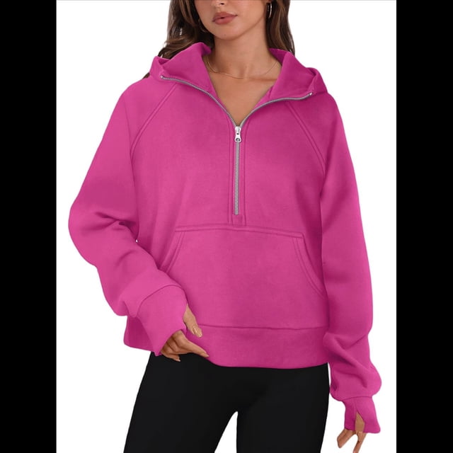 Sudadera Holgada de Larga con Capucha y Bolsillo con Media Cremallera para Mujer, Otoño e Invierno Rosa Roja L