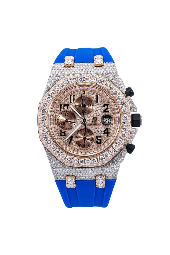 Pre-Owned Audemars Piguet Royal Oak Offshore Chronograph 42MM 25940SK Diamond Paved Arabic Dial Custom Aftermarket Blue Rubber Band 17.25ct