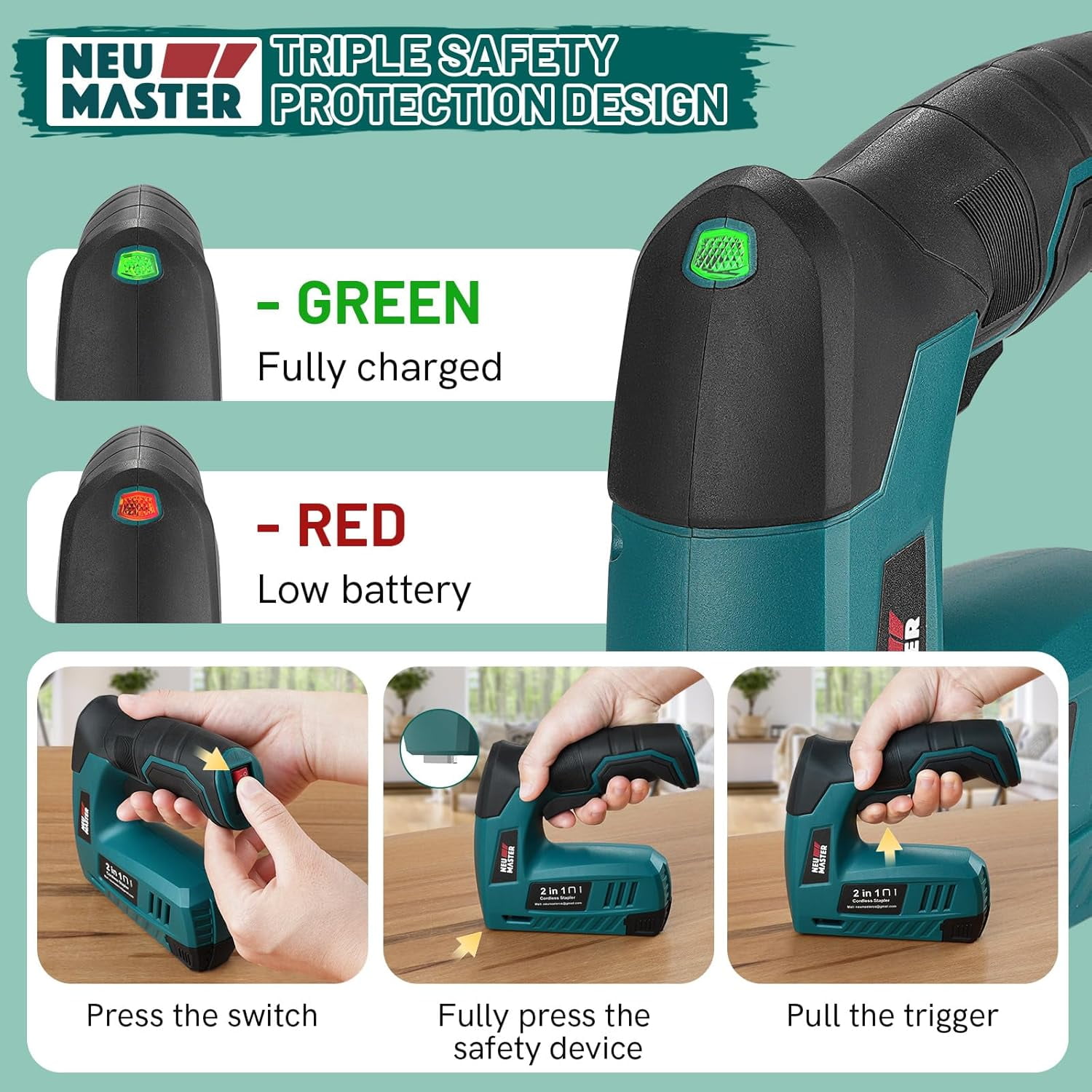 NEU MASTER Electric Staple Gun, 2 in 1 Cordless Staple Gun/Brad Nailer, 4V Electric Stapler with 2000 Staples & Nails, Cable Staple Gun with USB Charger for Wood, Upholstery, Carpentry, Crafts, DIY