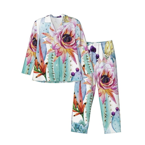 Balery Cactus Pijama para Hombre de Dos Piezas con Manga Larga, Conjunto de Dormir y Descanso Suave con Bolsillos-Small