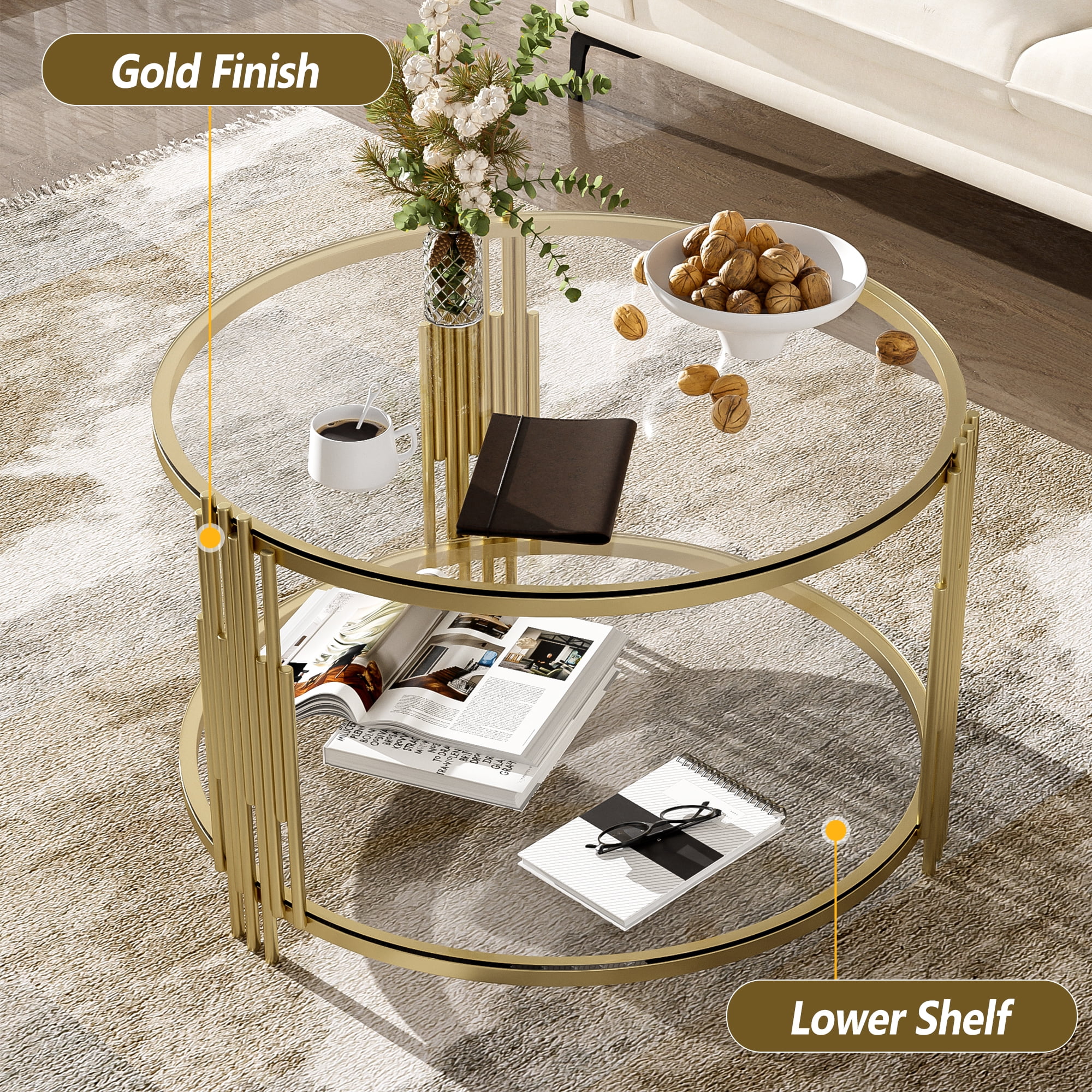 EUROCO 31.5" Round Coffee Table,Modern Tempered Glass Tea Table with Metal Base,Gold Finish and Lower Shelf,2 Tier Circle Dining Table for Study Room Reception Room,Transparent