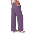 thumbnail image 5 of Summer Linen Pants for Women Loose Straight Leg Side Split Trousers with Pockets Lightweight Comfy Casual Wide Leg Pants ,Purples，XL, 5 of 9