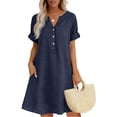 thumbnail image 2 of Gamivast Linen Dresses for Women Short Sleeve Button V-Neck Shirt Dress Casual Loose Fit Knee Length Swing Dress with Pockets Everyday Work Vacation Wear Navy XL, 2 of 4